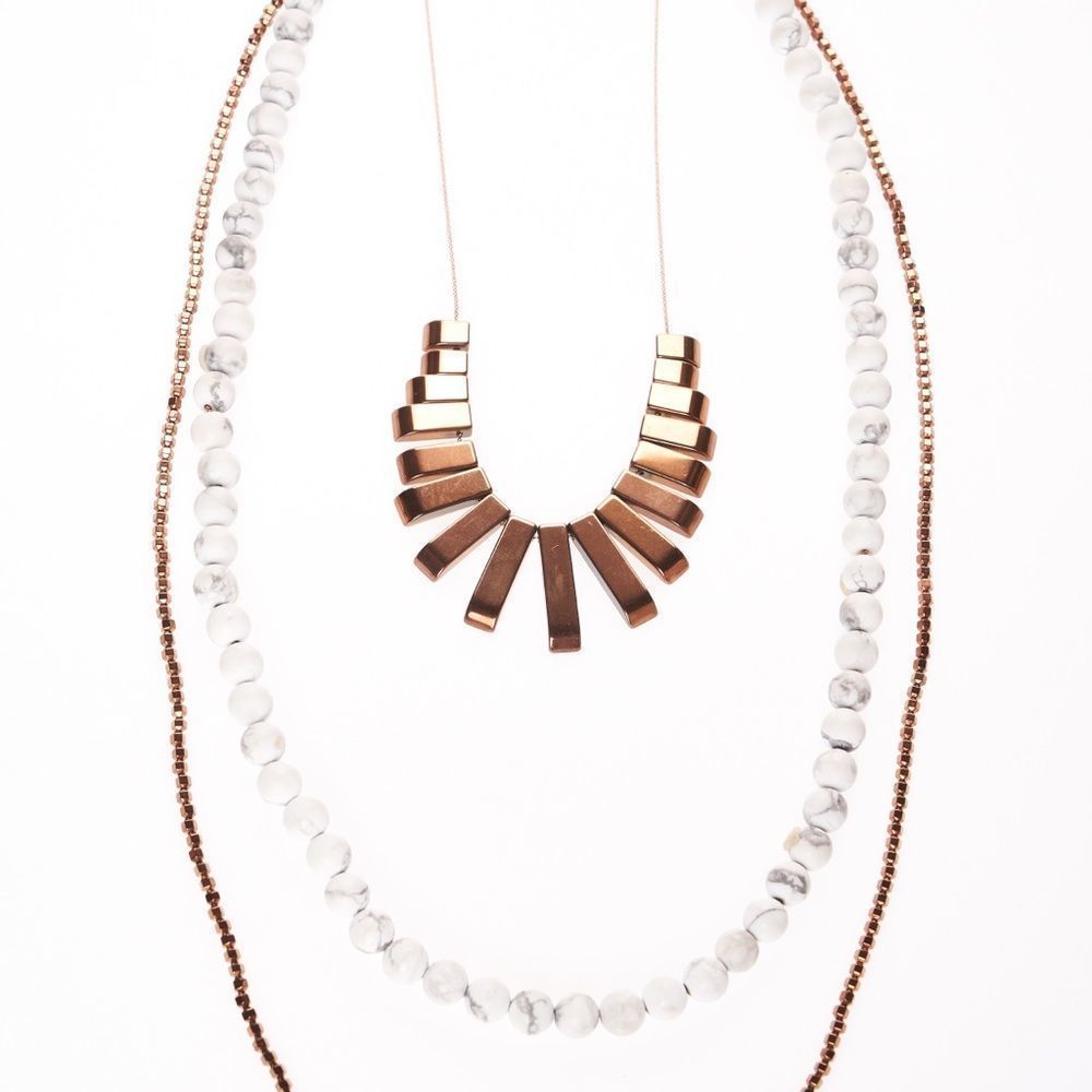 Hematite & Howlite Statement Crystal Necklace Gold Plated